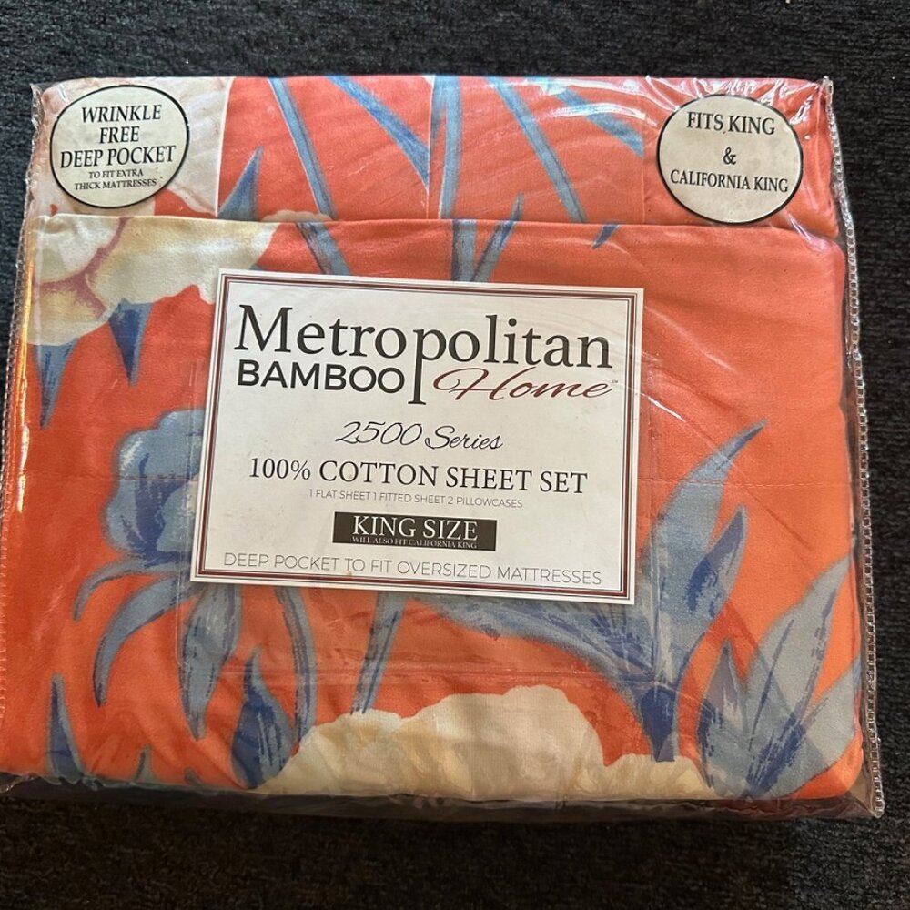 Metropolitan Bamboo Home King Sheet Set 2500 T.C. Egyptian Cotton- Orange Floral